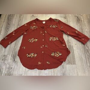 Anthropologie Fig and Flower Fall Embroidered Button Front Blouse Shirt Top 2X